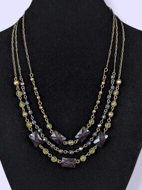 V. Avon 3-Strand Green & Purple Beaded Necklace